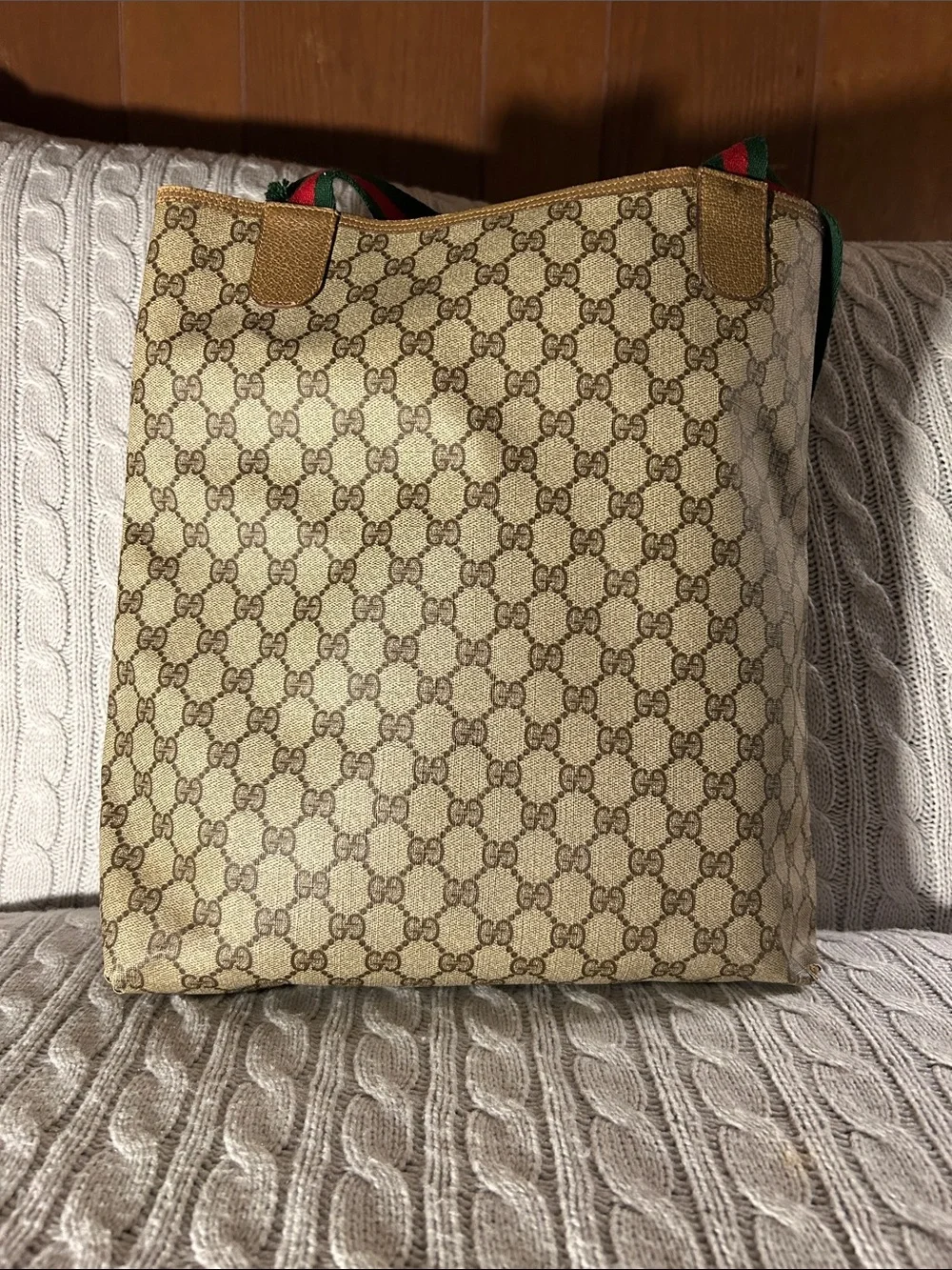 Gucci Beige/Tan GG Canvas Tote with Green & Red Web Strap